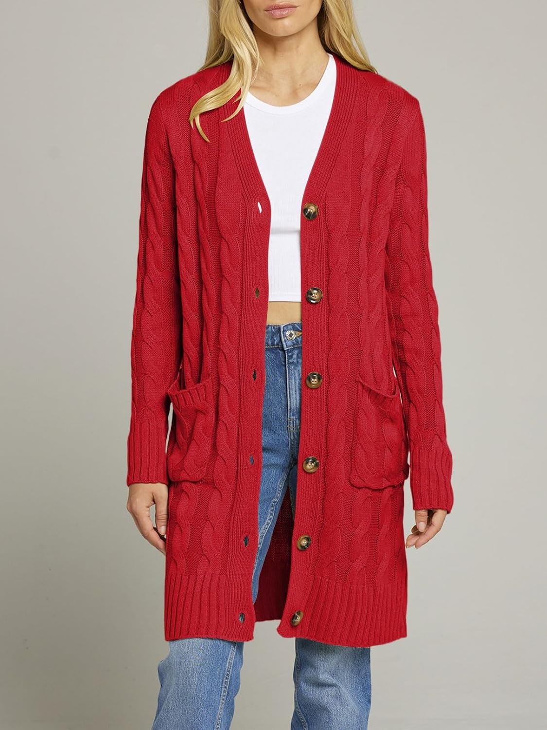 image:imageMEROKEETY Womens Fall Cable Knit Button Long Cardigan Sweater Button Front Long Sleeve Chunky Knit Open Front V Neck Loose Fit Side Pockets 2026 Winter Casual outerwearRed