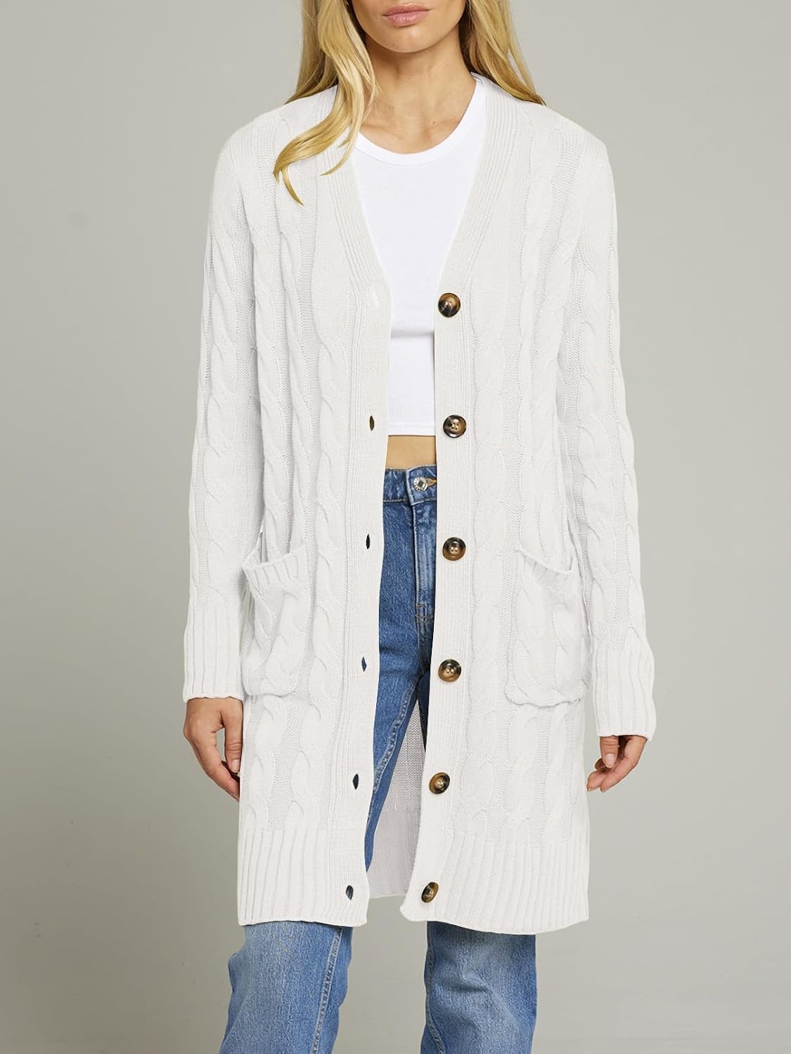 image:imageMEROKEETY Womens Fall Cable Knit Button Long Cardigan Sweater Button Front Long Sleeve Chunky Knit Open Front V Neck Loose Fit Side Pockets 2026 Winter Casual outerwearWhite