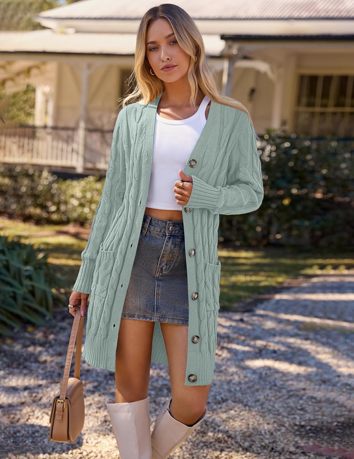 image:imageMEROKEETY Womens Fall Cable Knit Button Long Cardigan Sweater Button Front Long Sleeve Chunky Knit Open Front V Neck Loose Fit Side Pockets 2026 Winter Casual outerwearSage