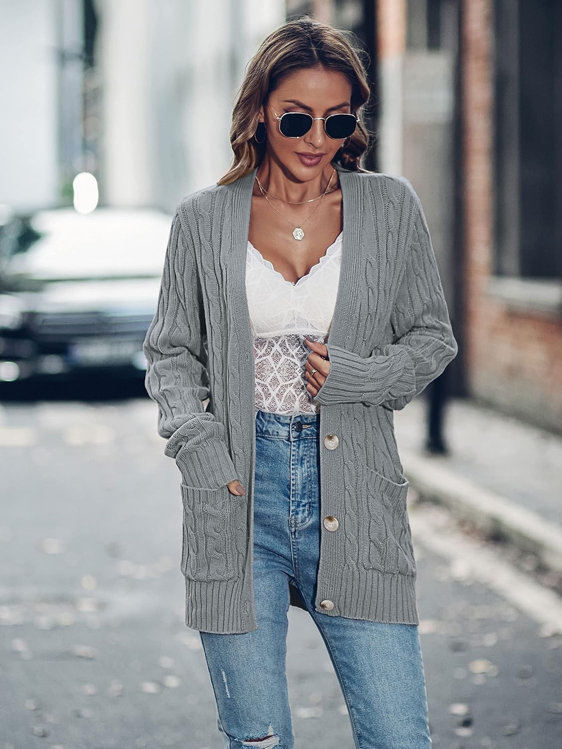 image:imageMEROKEETY Womens Fall Cable Knit Button Up Oversized Light Cardigan Sweater Winter Cozy Lightweight Warm Cute Trendy Open Front Button Down Hip Length Layering Long Sleeve Coat With PocketsGrey