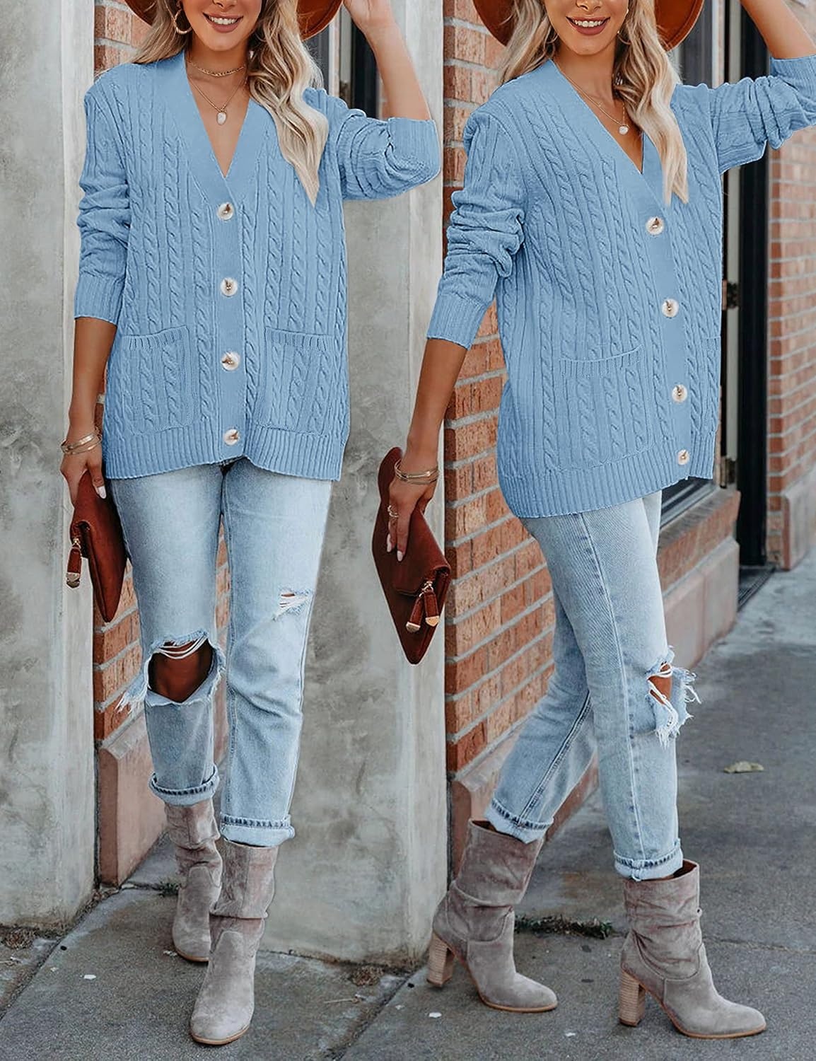 image:imageMEROKEETY Womens Fall Cable Knit Button Up Oversized Light Cardigan Sweater Winter Cozy Lightweight Warm Cute Trendy Open Front Button Down Hip Length Layering Long Sleeve Coat With PocketsBlue