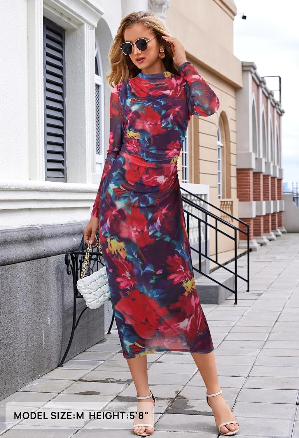 image:imageMEROKEETY Womens Fall Long Sleeve Floral Wedding Guest Maxi Dress 2026 Bodycon Mesh Slim Fit Winter Cocktail Party Semi Formal Birthday Date Night Prom Elegant Long DressesNeon