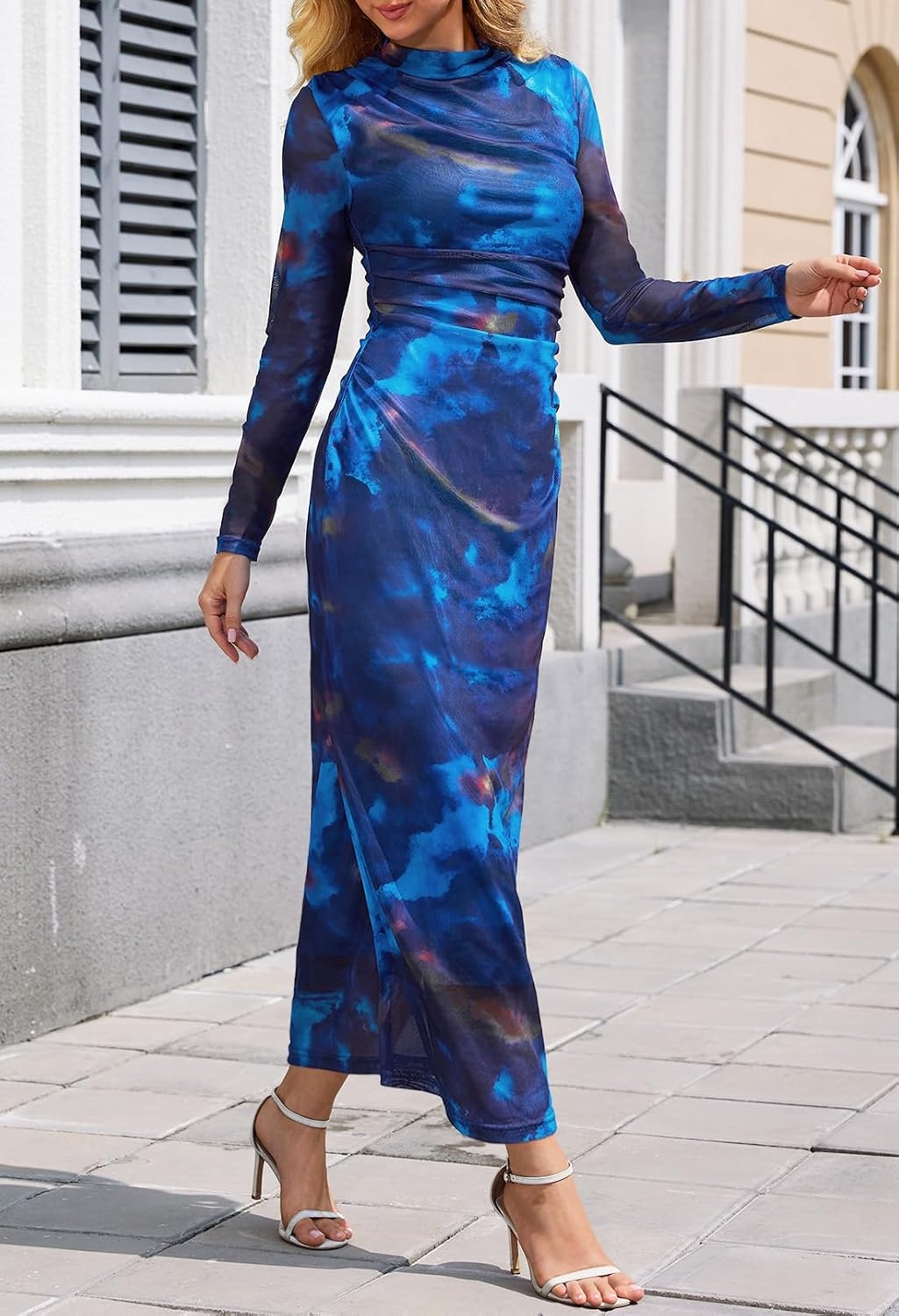 image:imageMEROKEETY Womens Fall Long Sleeve Floral Wedding Guest Maxi Dress 2026 Bodycon Mesh Slim Fit Winter Cocktail Party Semi Formal Birthday Date Night Prom Elegant Long DressesBlue