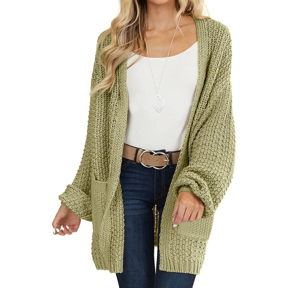 image:imageMEROKEETY Womens 2026 Fall Long Sleeve Chunky Knit Cardigan Sweaters  Open Front Oversized Lantern Sleeve Chunky Trendy Cardigan Outerwear Fashion Winter Outfits CoatsGreen