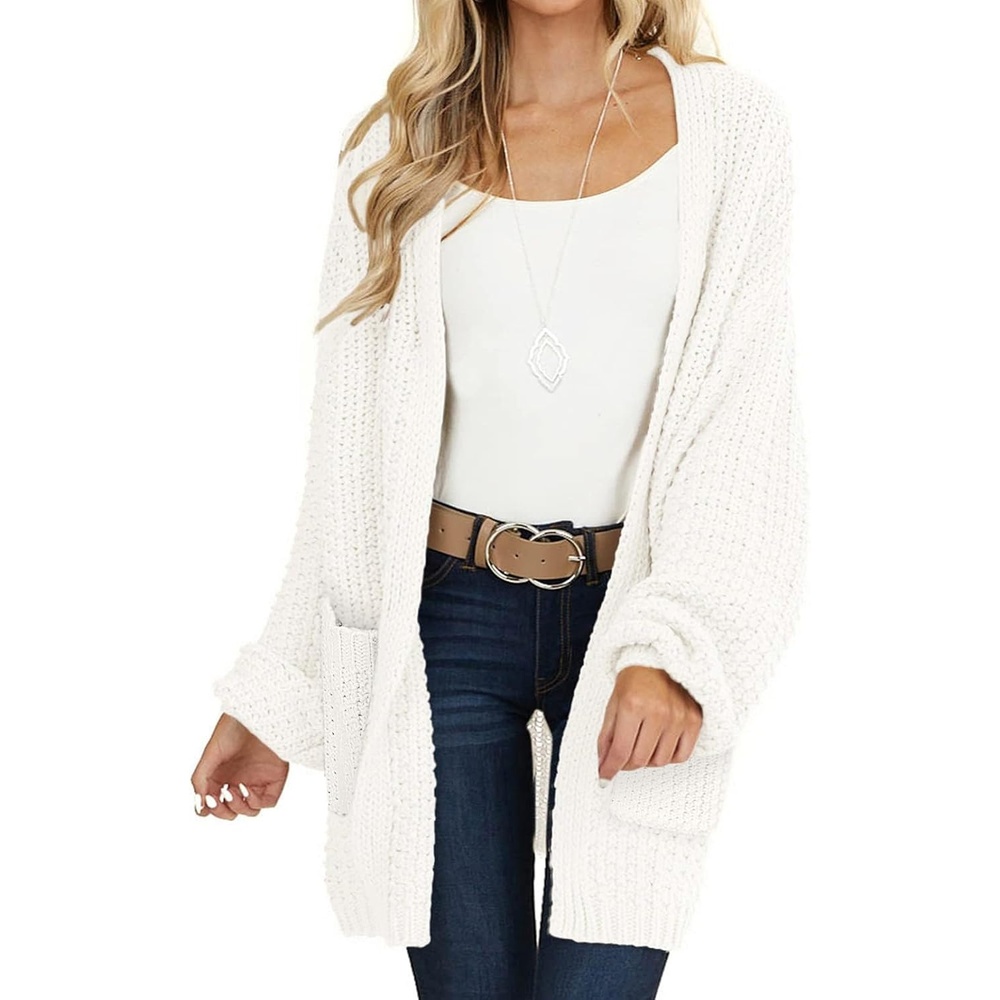 image:imageMEROKEETY Womens 2026 Fall Long Sleeve Chunky Knit Cardigan Sweaters  Open Front Oversized Lantern Sleeve Chunky Trendy Cardigan Outerwear Fashion Winter Outfits CoatsBeige