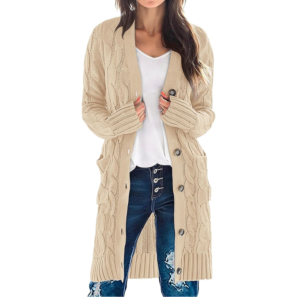 image:imageMEROKEETY Womens Fall Cable Knit Button Long Cardigan Sweater  Button Front Long Sleeve Chunky Knit Open Front V Neck Loose Fit Side Pockets 2026 Winter Casual outerwearApricot