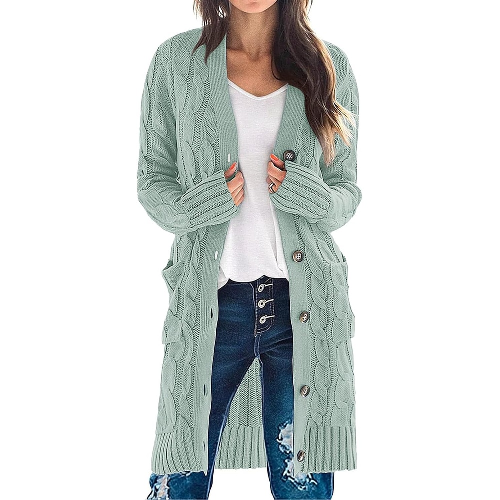 image:imageMEROKEETY Womens Fall Cable Knit Button Long Cardigan Sweater Button Front Long Sleeve Chunky Knit Open Front V Neck Loose Fit Side Pockets 2026 Winter Casual outerwearSage