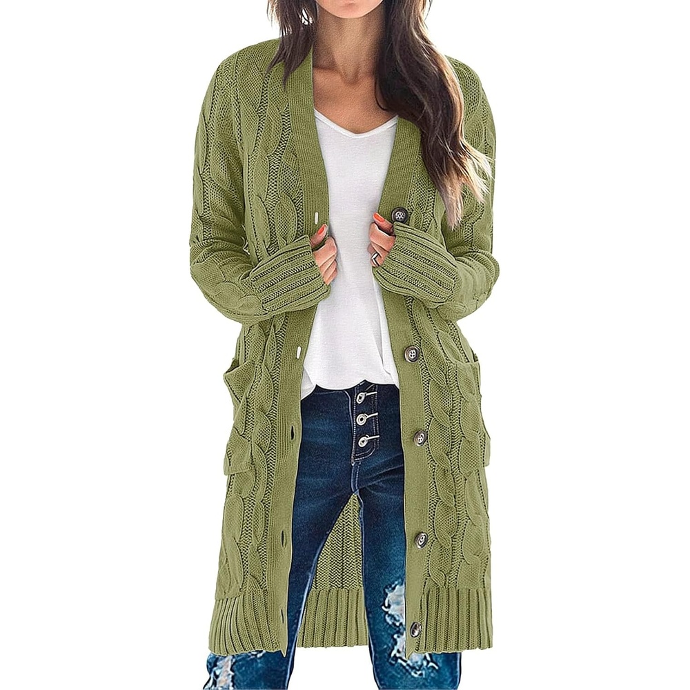 image:imageMEROKEETY Womens Fall Cable Knit Button Long Cardigan Sweater Button Front Long Sleeve Chunky Knit Open Front V Neck Loose Fit Side Pockets 2026 Winter Casual outerwearOlive