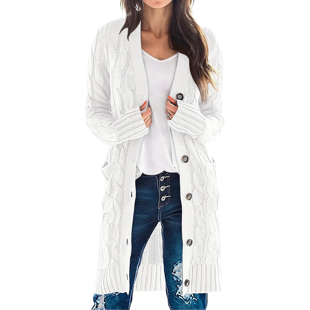 image:imageMEROKEETY Womens Fall Cable Knit Button Long Cardigan Sweater Button Front Long Sleeve Chunky Knit Open Front V Neck Loose Fit Side Pockets 2026 Winter Casual outerwearWhite