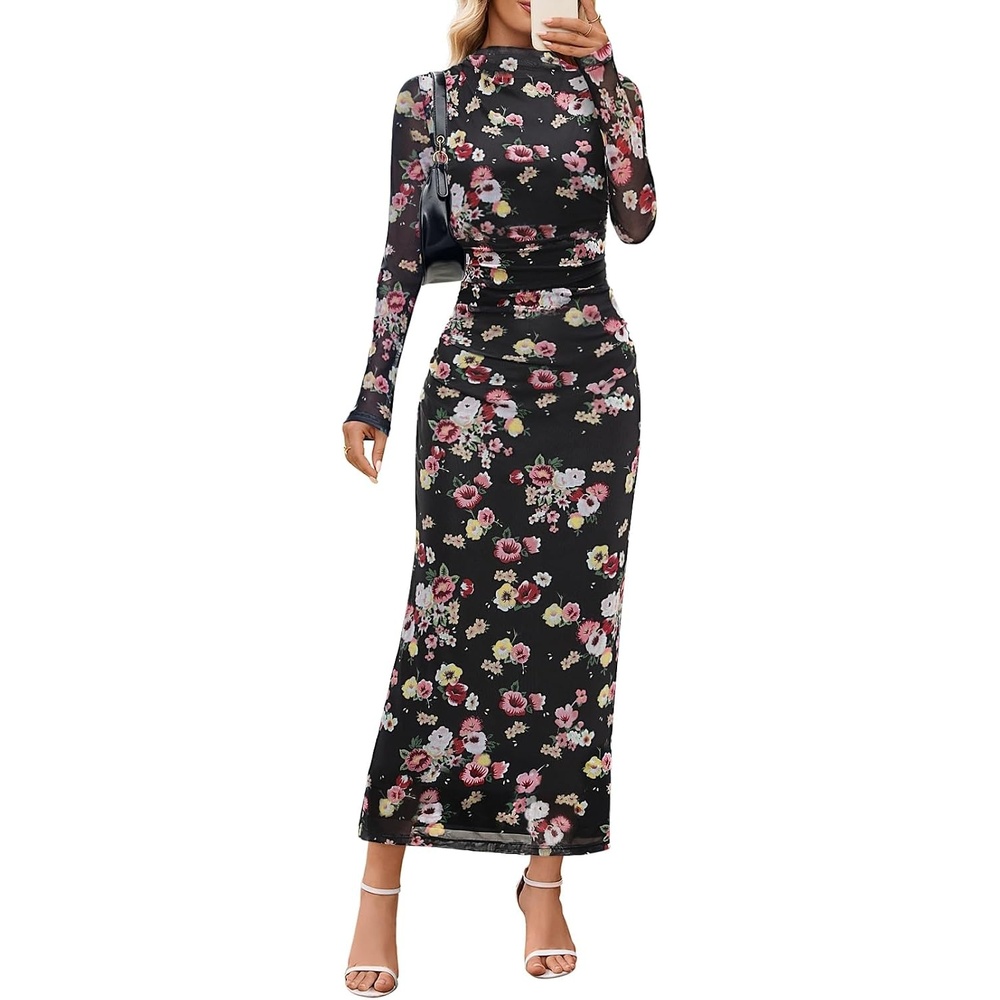 image:imageMEROKEETY Womens Fall Long Sleeve Floral Wedding Guest Maxi Dress  2026 Bodycon Mesh Slim Fit Winter Cocktail Party Semi Formal Birthday Date Night Prom Elegant Long DressesBlackfloral