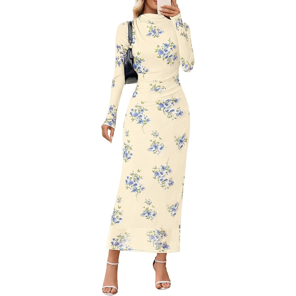 image:imageMEROKEETY Womens Fall Long Sleeve Floral Wedding Guest Maxi Dress  2026 Bodycon Mesh Slim Fit Winter Cocktail Party Semi Formal Birthday Date Night Prom Elegant Long DressesApricot