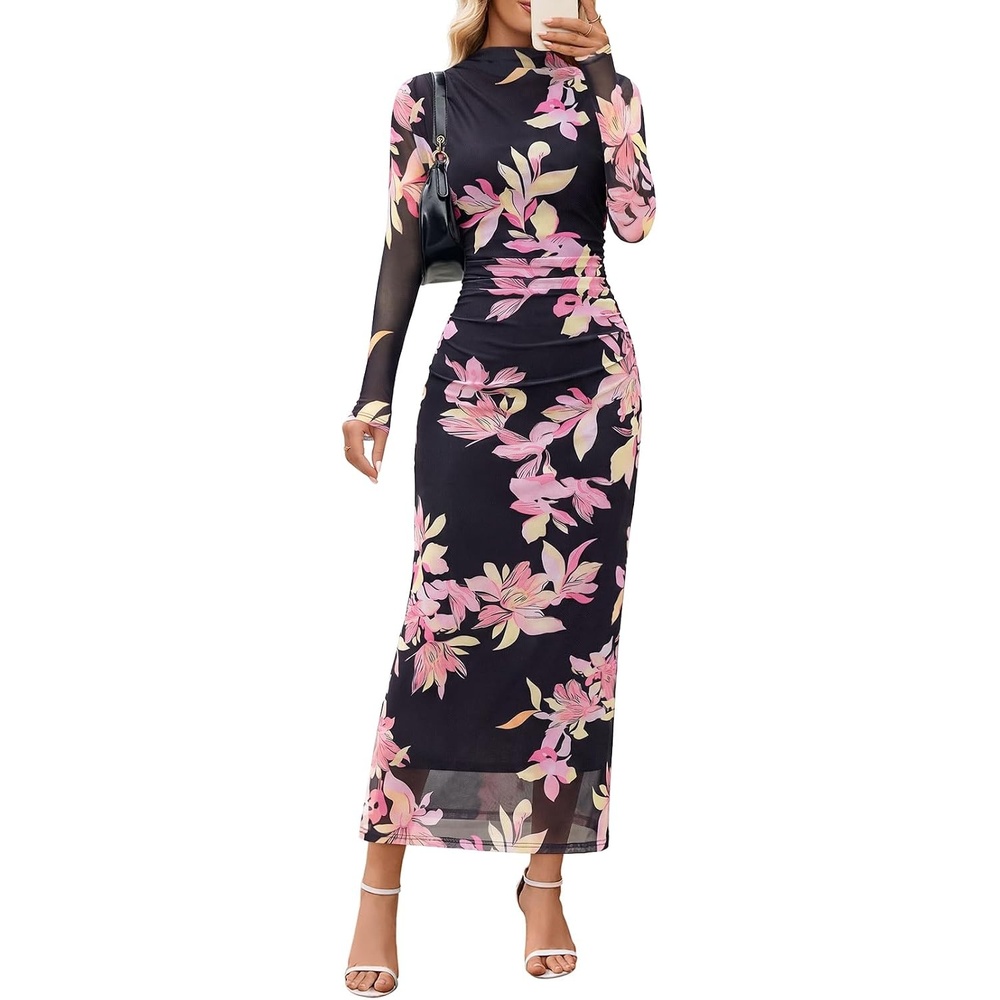 image:imageMEROKEETY Womens Fall Long Sleeve Floral Wedding Guest Maxi Dress 2026 Bodycon Mesh Slim Fit Winter Cocktail Party Semi Formal Birthday Date Night Prom Elegant Long DressesPinkfloral