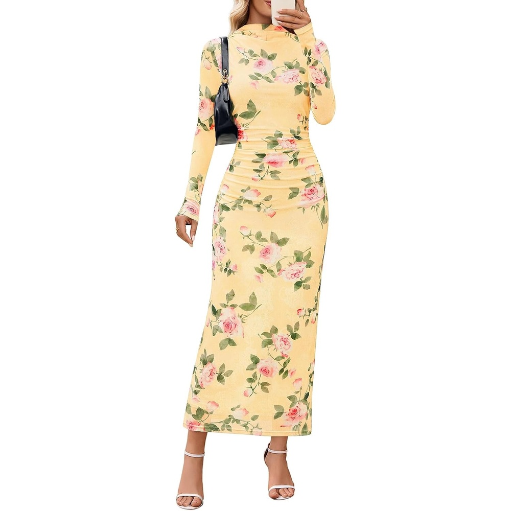 image:imageMEROKEETY Womens Fall Long Sleeve Floral Wedding Guest Maxi Dress 2026 Bodycon Mesh Slim Fit Winter Cocktail Party Semi Formal Birthday Date Night Prom Elegant Long DressesYellow