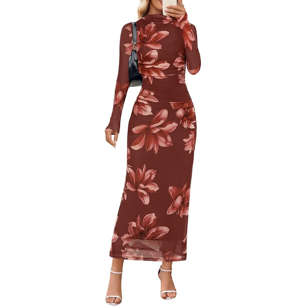 image:imageMEROKEETY Womens Fall Long Sleeve Floral Wedding Guest Maxi Dress 2026 Bodycon Mesh Slim Fit Winter Cocktail Party Semi Formal Birthday Date Night Prom Elegant Long DressesBrownfloral