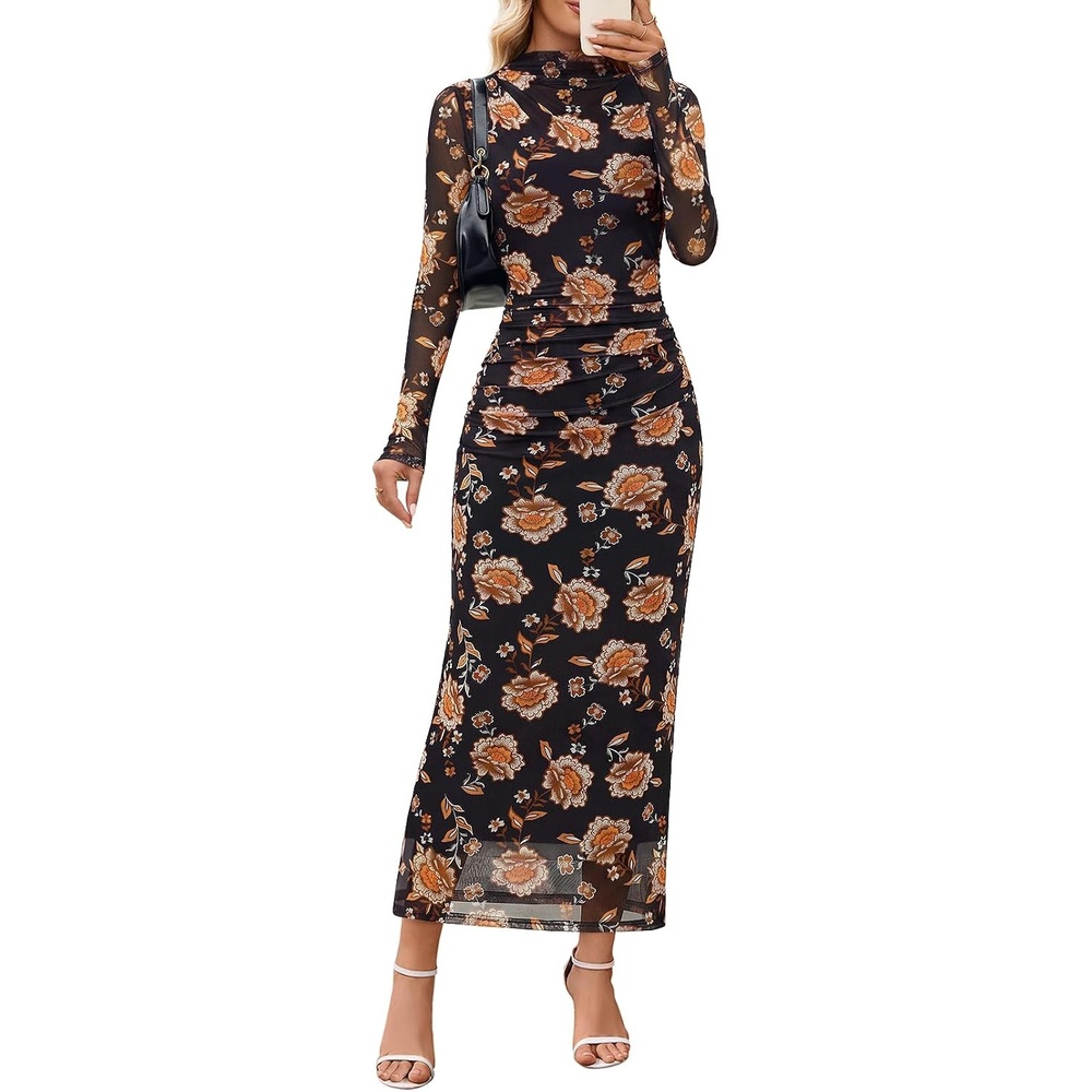 image:imageMEROKEETY Womens Fall Long Sleeve Floral Wedding Guest Maxi Dress 2026 Bodycon Mesh Slim Fit Winter Cocktail Party Semi Formal Birthday Date Night Prom Elegant Long DressesBlackorange