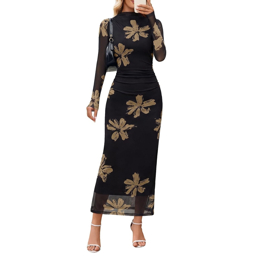 image:imageMEROKEETY Womens Fall Long Sleeve Floral Wedding Guest Maxi Dress 2026 Bodycon Mesh Slim Fit Winter Cocktail Party Semi Formal Birthday Date Night Prom Elegant Long DressesBlackkhaki