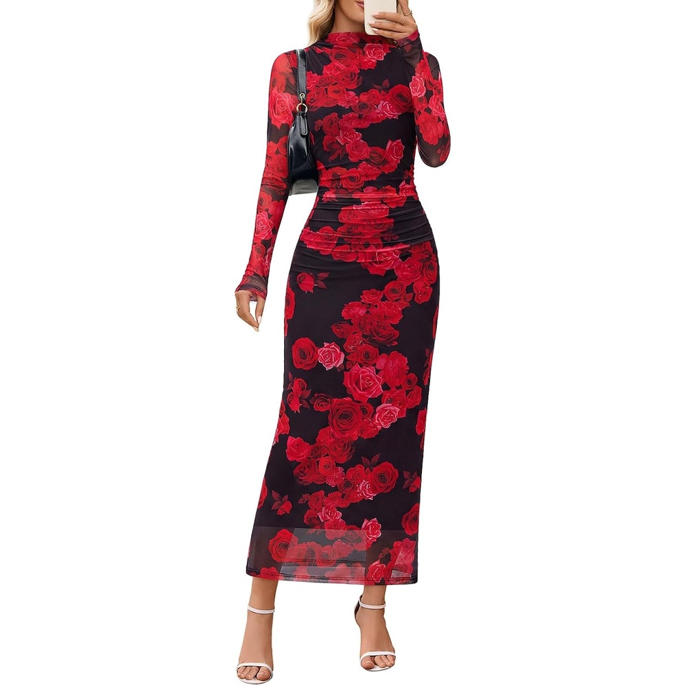image:imageMEROKEETY Womens Fall Long Sleeve Floral Wedding Guest Maxi Dress 2026 Bodycon Mesh Slim Fit Winter Cocktail Party Semi Formal Birthday Date Night Prom Elegant Long DressesRedfloral