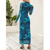 MEROKEETY Womens Fall Long Sleeve Floral Wedding Guest Maxi Dress | 2026 Bodycon, Mesh, Slim Fit, Winter Cocktail Party, Semi Formal, Birthday, Date Night, Prom Elegant Long Dresses(Teal)