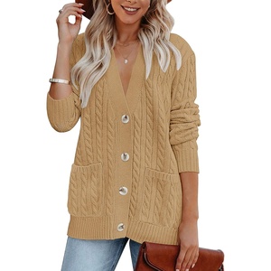 MEROKEETY Womens Fall Cable Knit Button Up Oversized Light Cardigan Sweater | Winter, Cozy, Lightweight, Warm, Cute, Trendy, Open Front, Button Down, Hip Length, Layering, Long Sleeve Coat, With Pockets(Khaki)