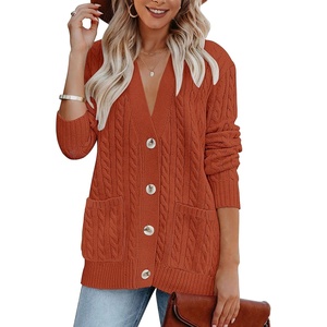 MEROKEETY Womens Fall Cable Knit Button Up Oversized Light Cardigan Sweater | Winter, Cozy, Lightweight, Warm, Cute, Trendy, Open Front, Button Down, Hip Length, Layering, Long Sleeve Coat, With Pockets(Rust)