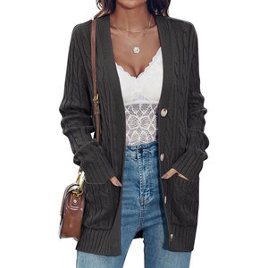 MEROKEETY Womens Fall Cable Knit Button Up Oversized Light Cardigan Sweater | Winter, Cozy, Lightweight, Warm, Cute, Trendy, Open Front, Button Down, Hip Length, Layering, Long Sleeve Coat, With Pockets(Dark Grey)