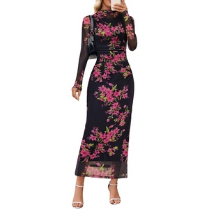MEROKEETY Womens Fall Long Sleeve Floral Wedding Guest Maxi Dress | 2026 Bodycon, Mesh, Slim Fit, Winter Cocktail Party, Semi Formal, Birthday, Date Night, Prom Elegant Long Dresses(Black)