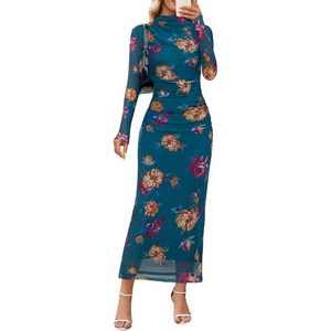 MEROKEETY Womens Fall Long Sleeve Floral Wedding Guest Maxi Dress | 2026 Bodycon, Mesh, Slim Fit, Winter Cocktail Party, Semi Formal, Birthday, Date Night, Prom Elegant Long Dresses(Tealfloral)
