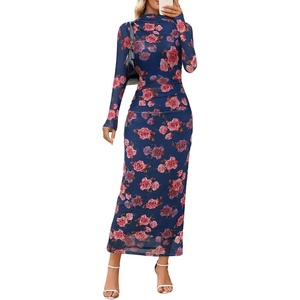 MEROKEETY Womens Fall Long Sleeve Floral Wedding Guest Maxi Dress | 2026 Bodycon, Mesh, Slim Fit, Winter Cocktail Party, Semi Formal, Birthday, Date Night, Prom Elegant Long Dresses(Navypink)