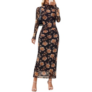MEROKEETY Womens Fall Long Sleeve Floral Wedding Guest Maxi Dress | 2026 Bodycon, Mesh, Slim Fit, Winter Cocktail Party, Semi Formal, Birthday, Date Night, Prom Elegant Long Dresses(Blackorange)