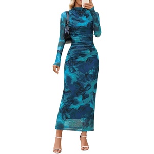 MEROKEETY Womens Fall Long Sleeve Floral Wedding Guest Maxi Dress | 2026 Bodycon, Mesh, Slim Fit, Winter Cocktail Party, Semi Formal, Birthday, Date Night, Prom Elegant Long Dresses(Teal)