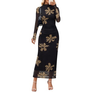 MEROKEETY Womens Fall Long Sleeve Floral Wedding Guest Maxi Dress | 2026 Bodycon, Mesh, Slim Fit, Winter Cocktail Party, Semi Formal, Birthday, Date Night, Prom Elegant Long Dresses(Blackkhaki)