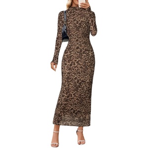 MEROKEETY Womens Fall Long Sleeve Floral Wedding Guest Maxi Dress | 2026 Bodycon, Mesh, Slim Fit, Winter Cocktail Party, Semi Formal, Birthday, Date Night, Prom Elegant Long Dresses(Leopard)