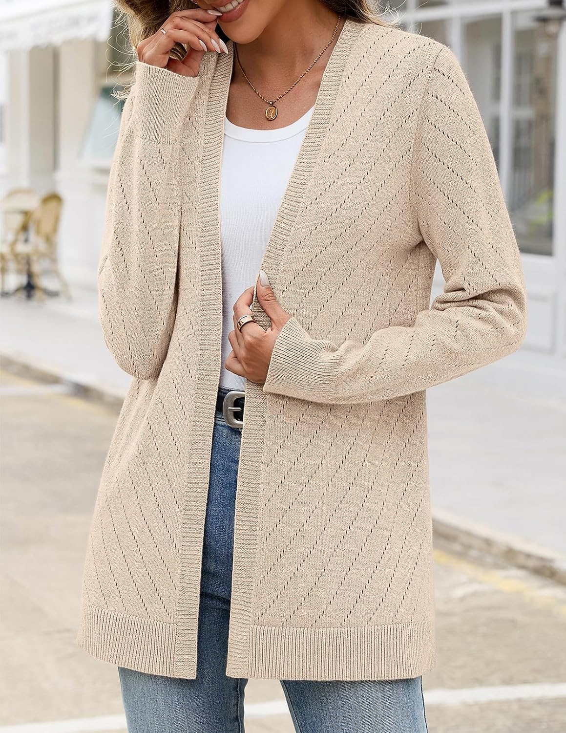image:imageMEROKEETY Womens Fall Crochet Lightweight Cardigan SweaterApricot