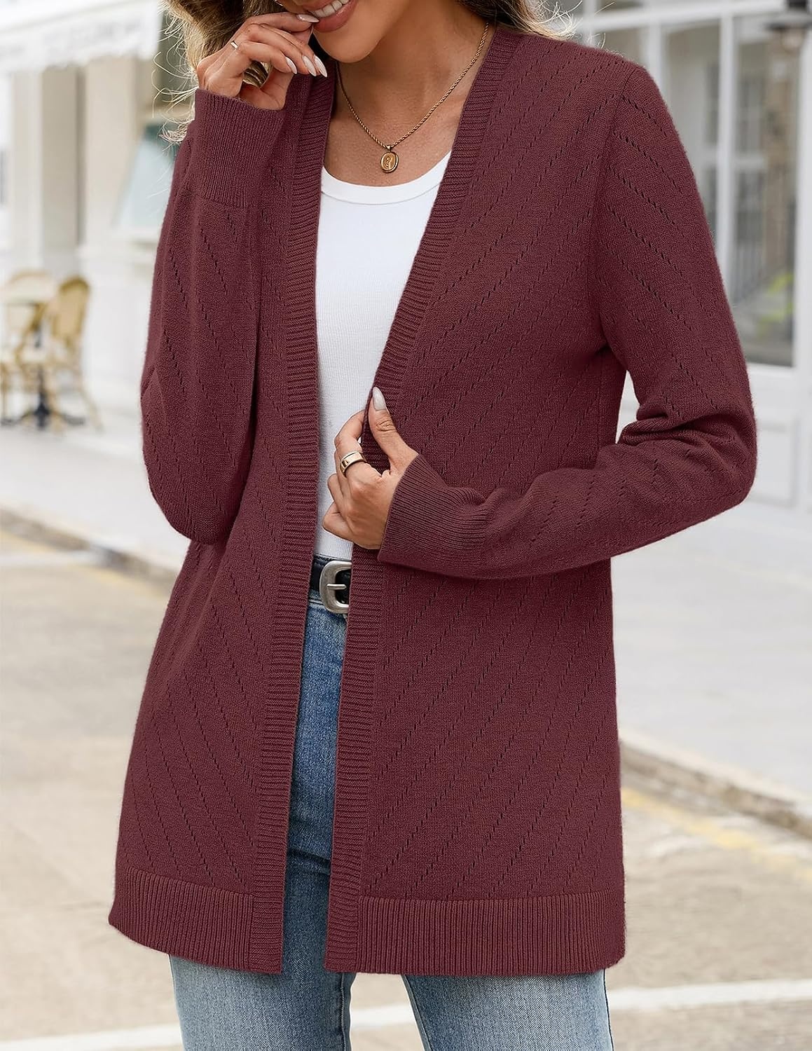 image:imageMEROKEETY Womens Fall Crochet Lightweight Cardigan SweaterBurgundy