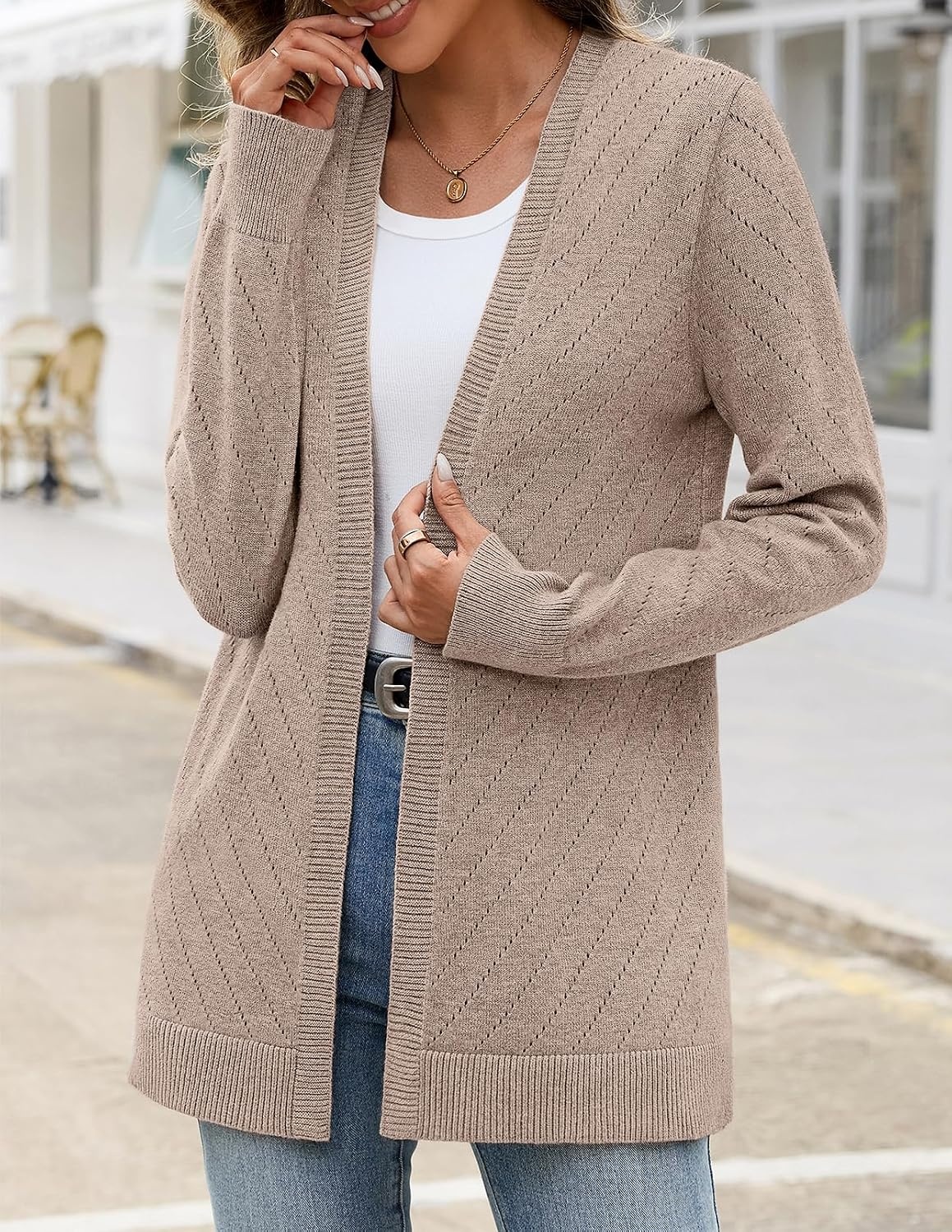 image:imageMEROKEETY Womens Fall Crochet Lightweight Cardigan SweaterCamel