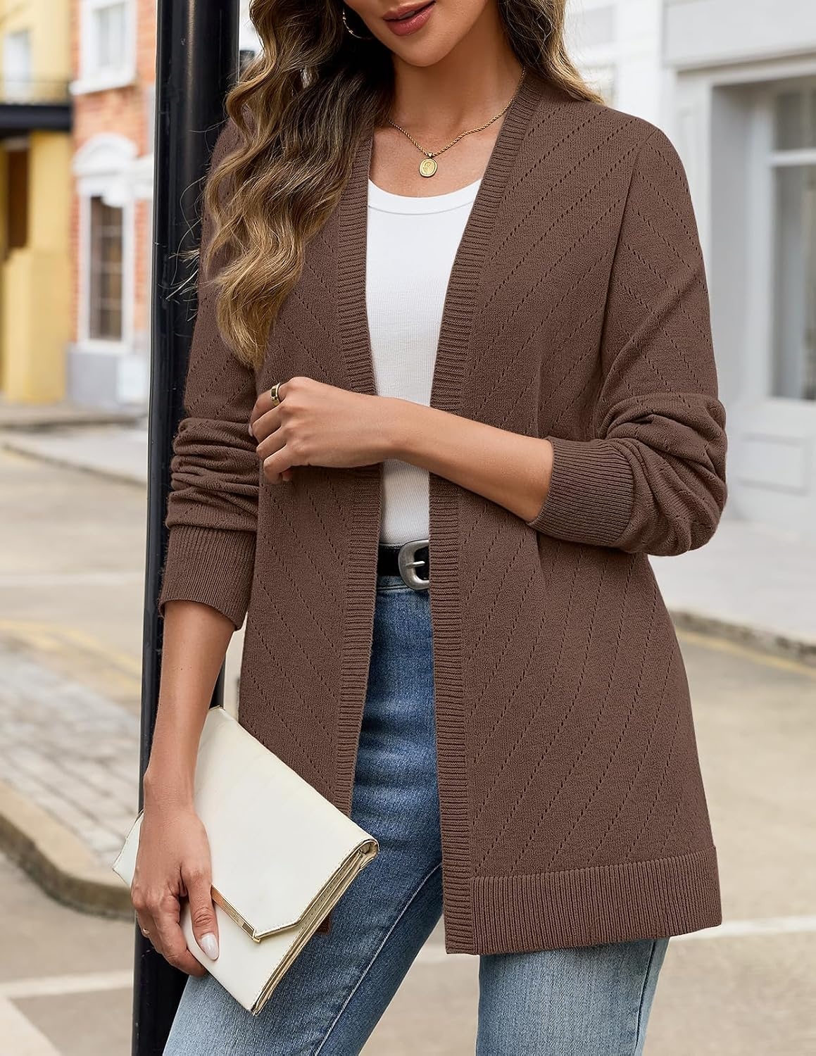 image:imageMEROKEETY Womens Fall Crochet Lightweight Cardigan SweaterCoffee