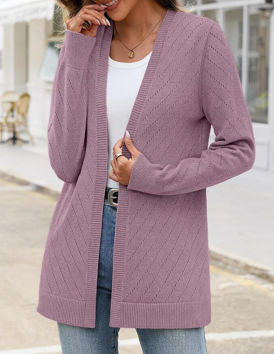 image:imageMEROKEETY Womens Fall Crochet Lightweight Cardigan SweaterGreypurple