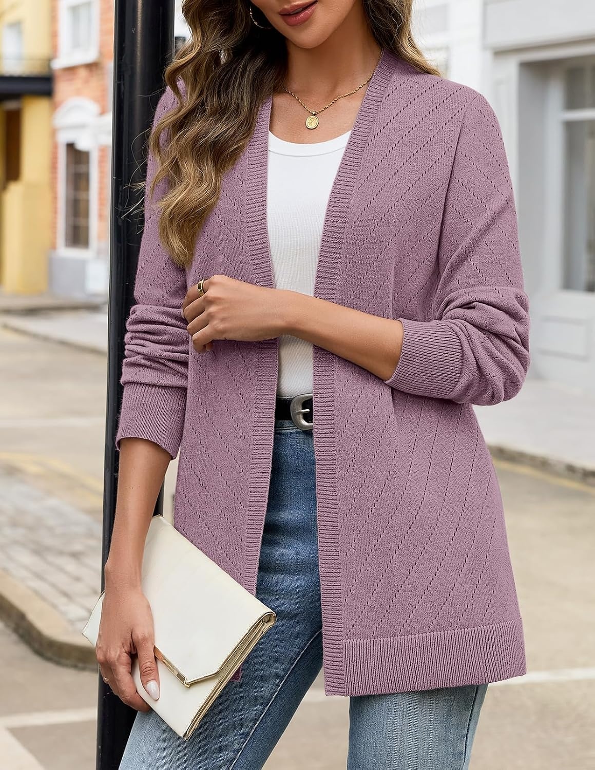 image:imageMEROKEETY Womens Fall Crochet Lightweight Cardigan SweaterGreypurple