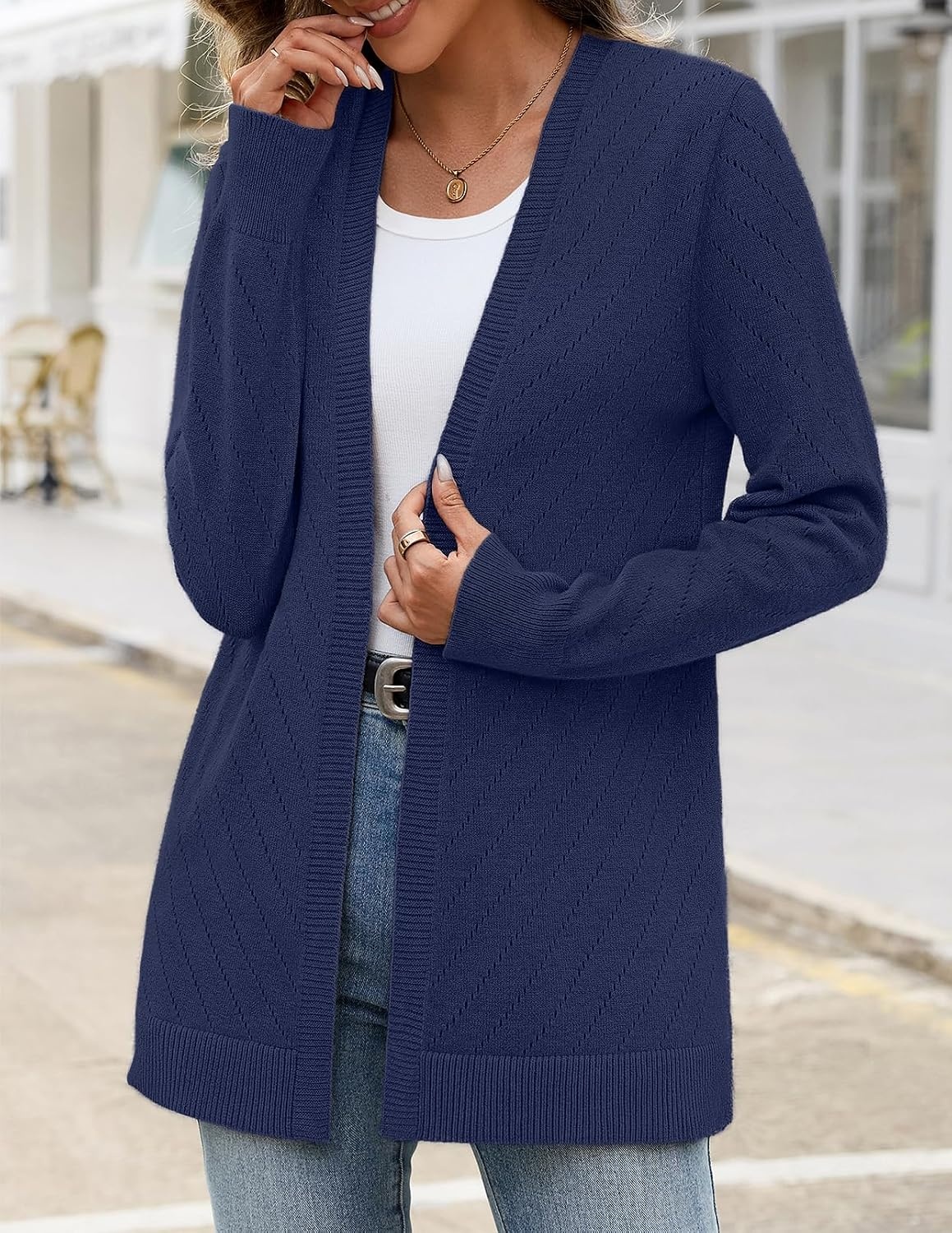 image:imageMEROKEETY Womens Fall Crochet Lightweight Cardigan SweaterNavy
