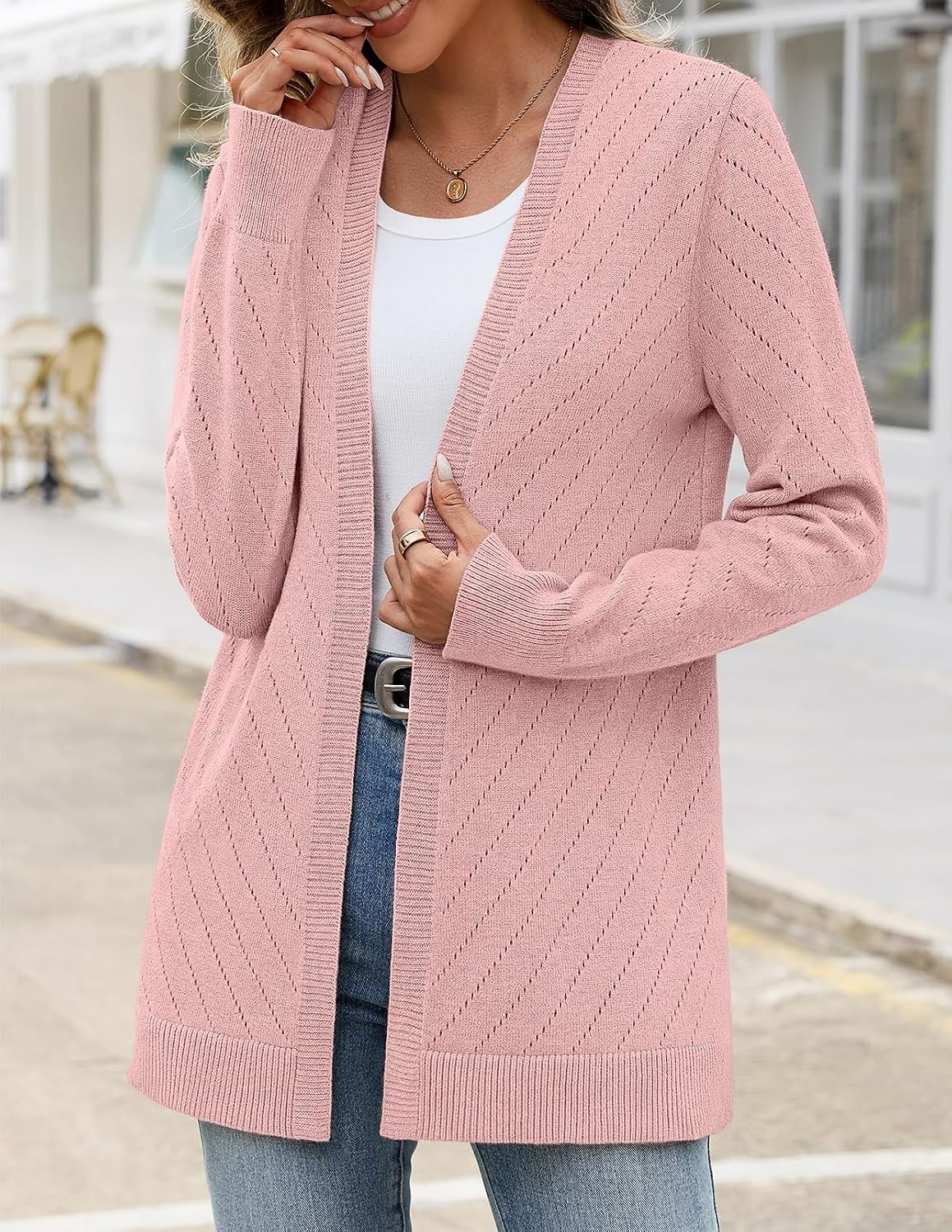 image:imageMEROKEETY Womens Fall Crochet Lightweight Cardigan SweaterPink