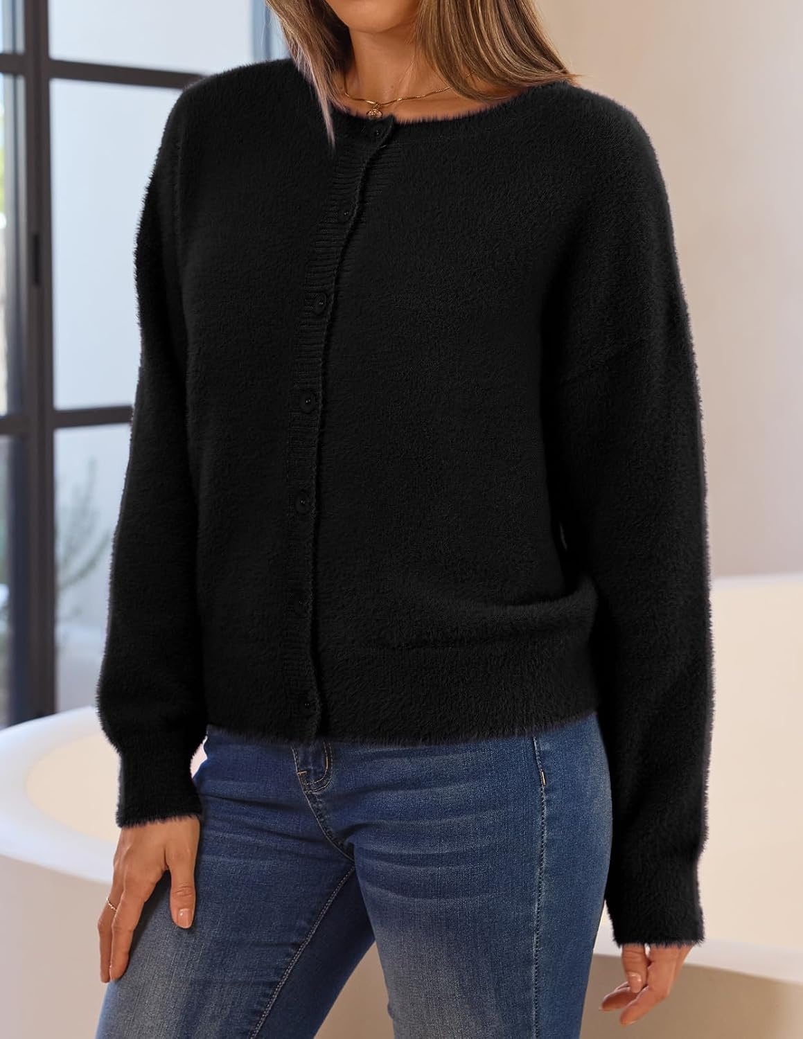 image:imageMEROKEETY Womens Fall Long Sleeve Button Fuzzy Cardigan SweaterBlack