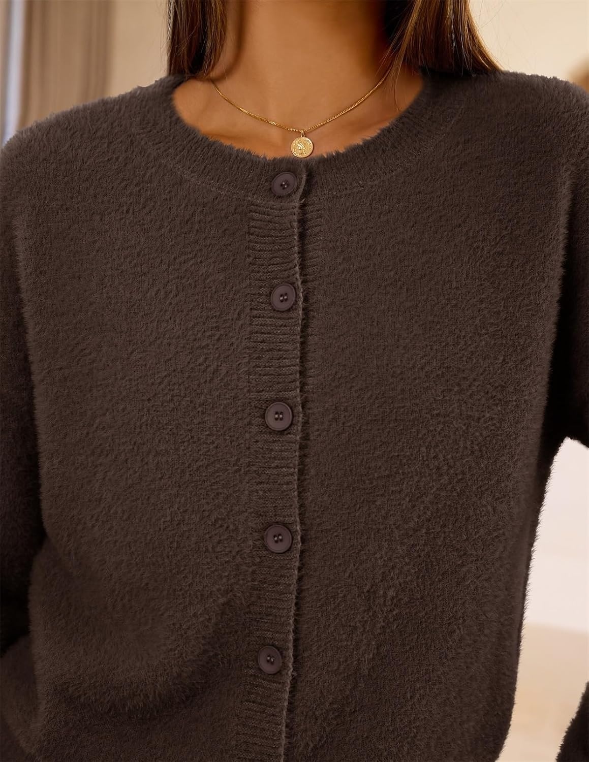 image:imageMEROKEETY Womens Fall Long Sleeve Button Fuzzy Cardigan SweaterCoffee