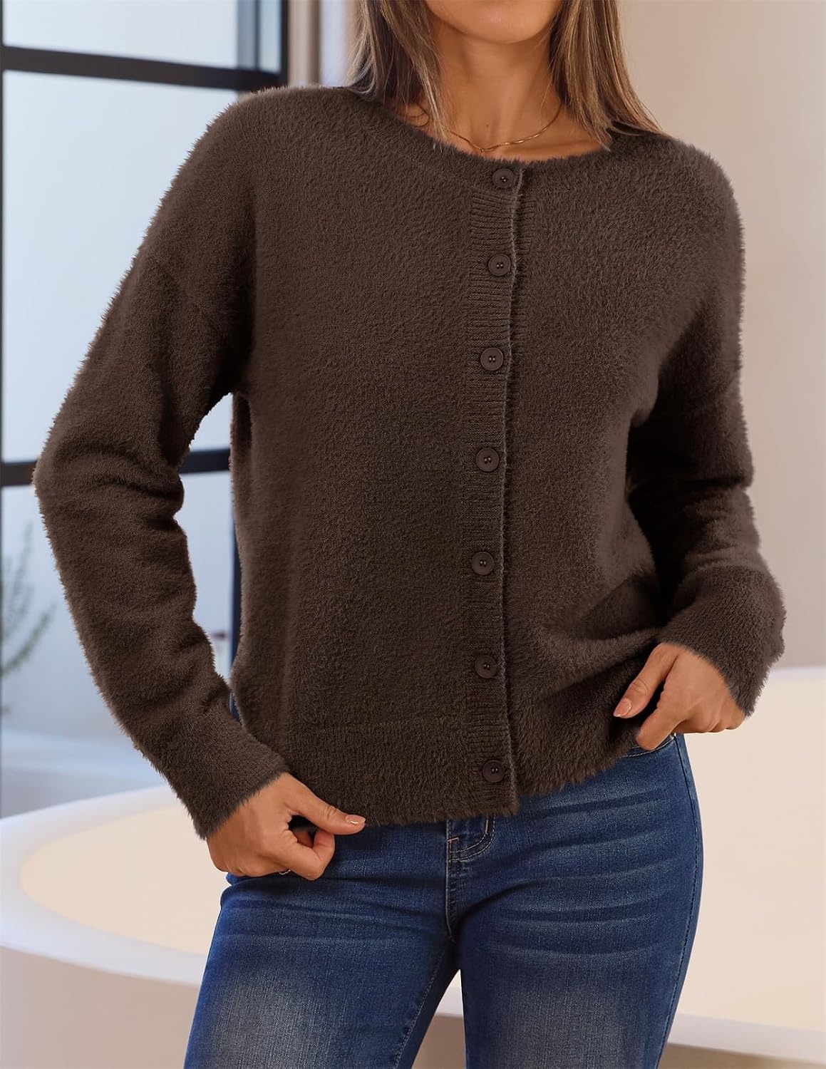 image:imageMEROKEETY Womens Fall Long Sleeve Button Fuzzy Cardigan SweaterCoffee