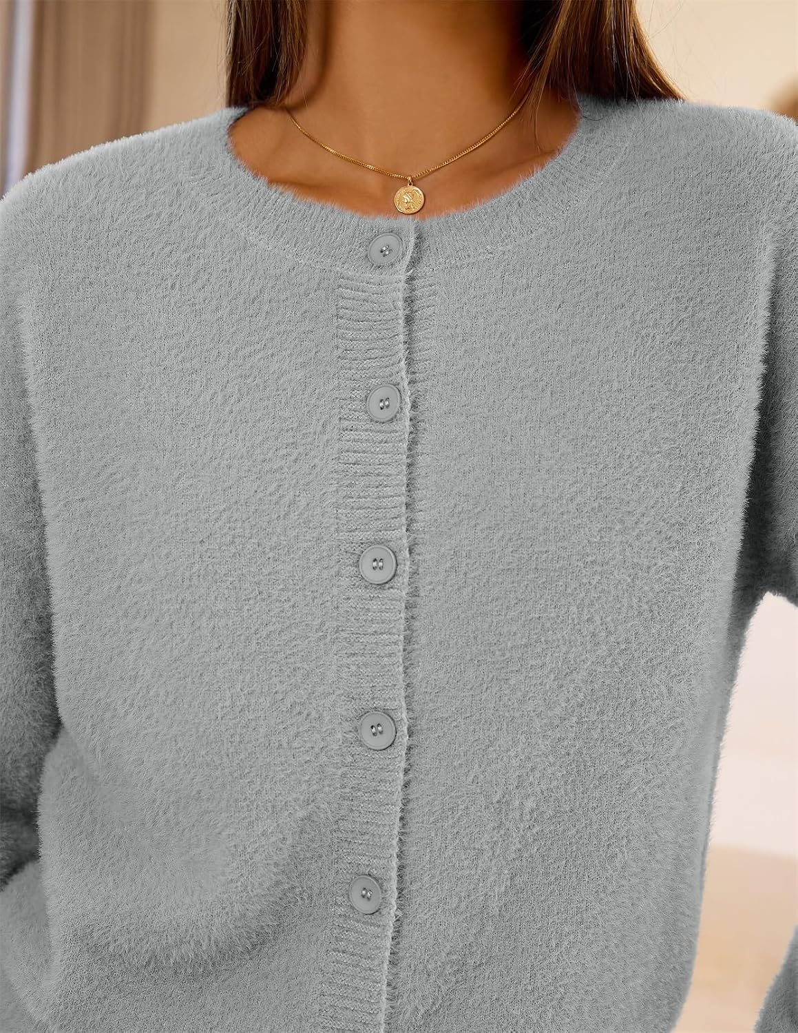 image:imageMEROKEETY Womens Fall Long Sleeve Button Fuzzy Cardigan SweaterGrey