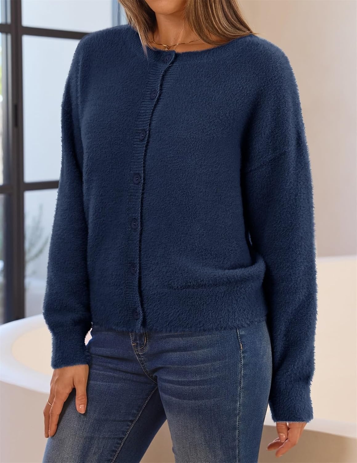 image:imageMEROKEETY Womens Fall Long Sleeve Button Fuzzy Cardigan SweaterNavy