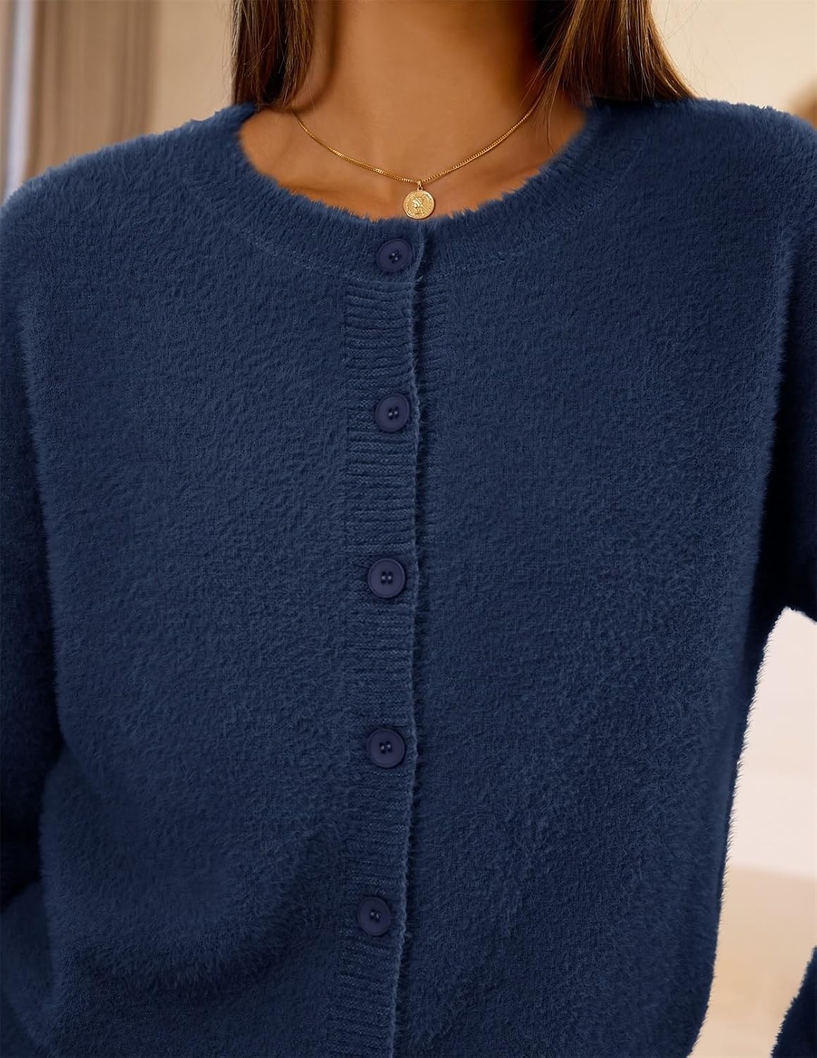 image:imageMEROKEETY Womens Fall Long Sleeve Button Fuzzy Cardigan SweaterNavy