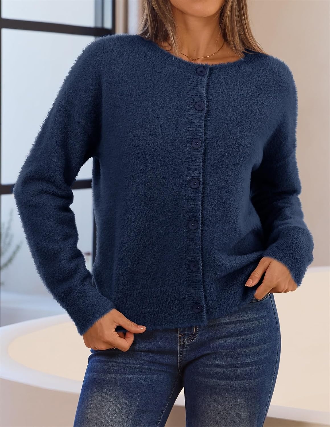 image:imageMEROKEETY Womens Fall Long Sleeve Button Fuzzy Cardigan SweaterNavy
