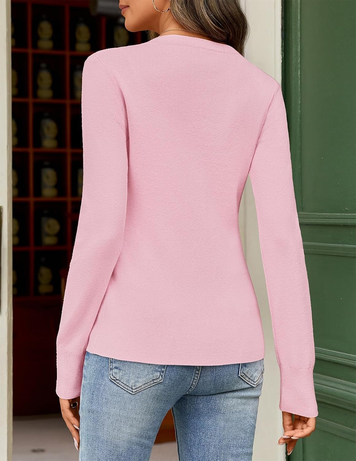 image:imageMEROKEETY Womens Long Sleeve Fall Cardigan Sweaters Knit Tops 2026Pink