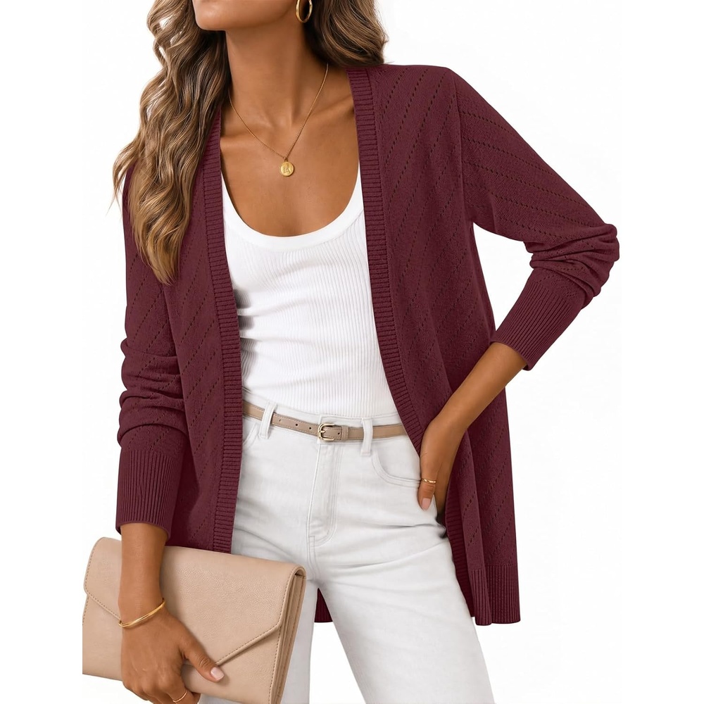 image:imageMEROKEETY Womens Fall Crochet Lightweight Cardigan SweaterBurgundy