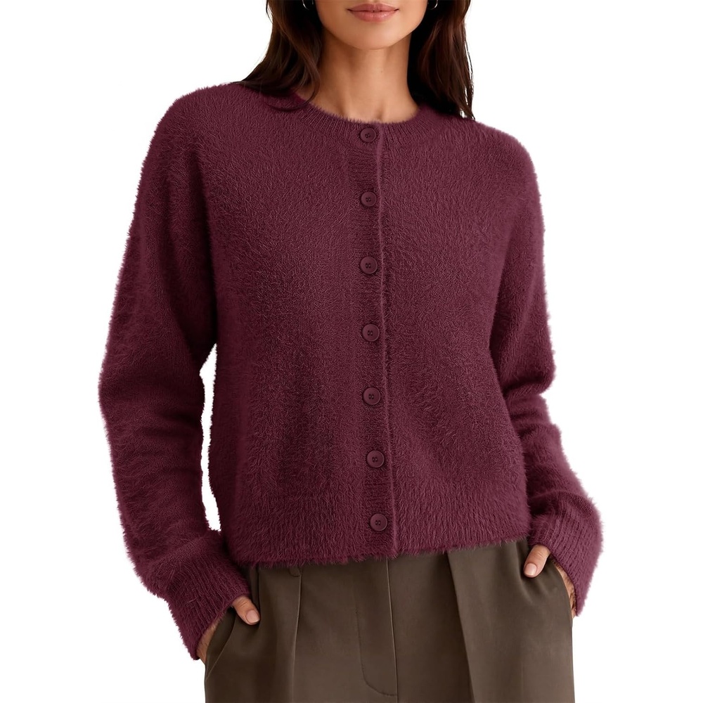 image:imageMEROKEETY Womens Fall Long Sleeve Button Fuzzy Cardigan SweaterBurgundy